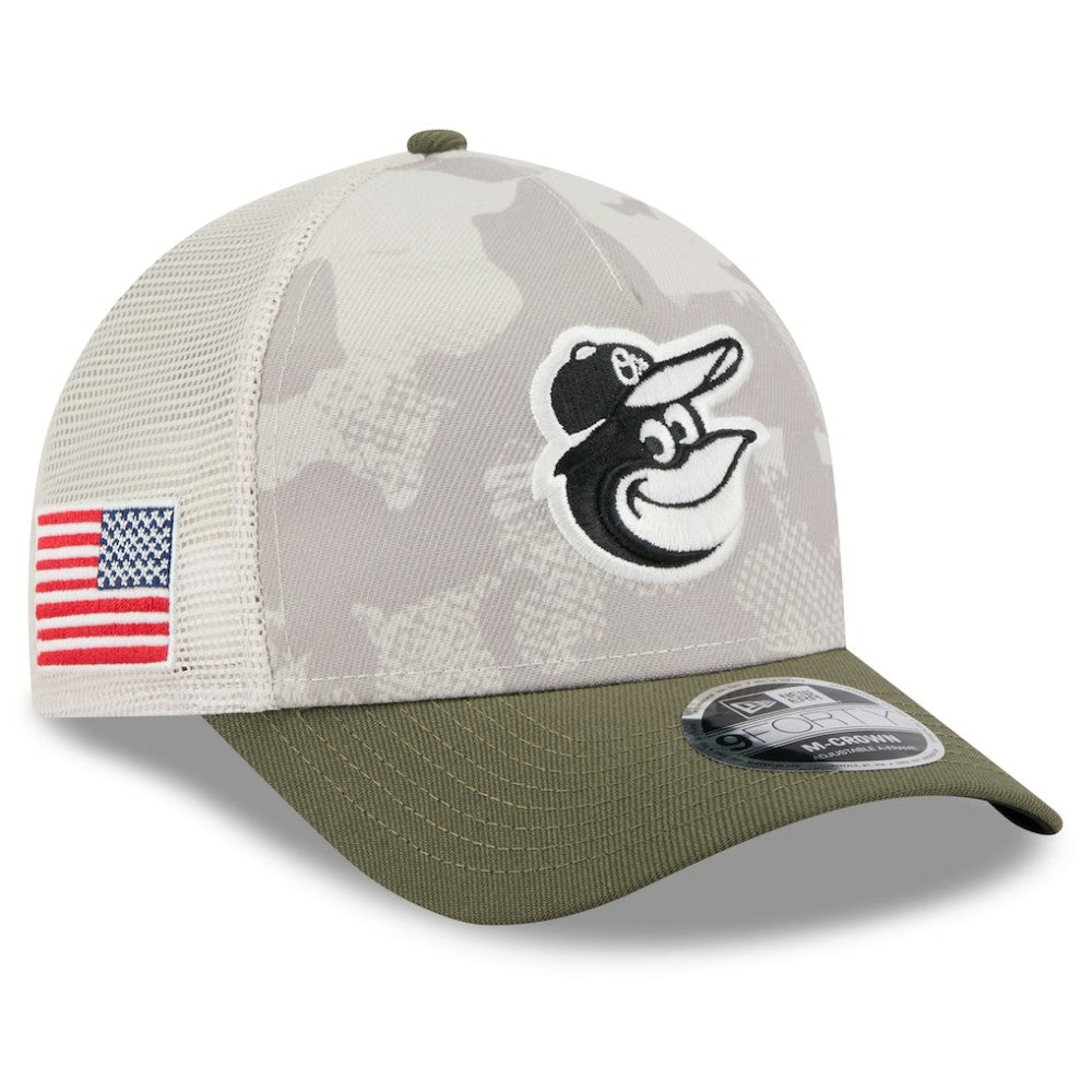 Baltimore Orioles New Era 2025 Armed Forces Day 9FORTY M-Crown A-Frame Adjustable Hat - Light Beige/Olive Hats