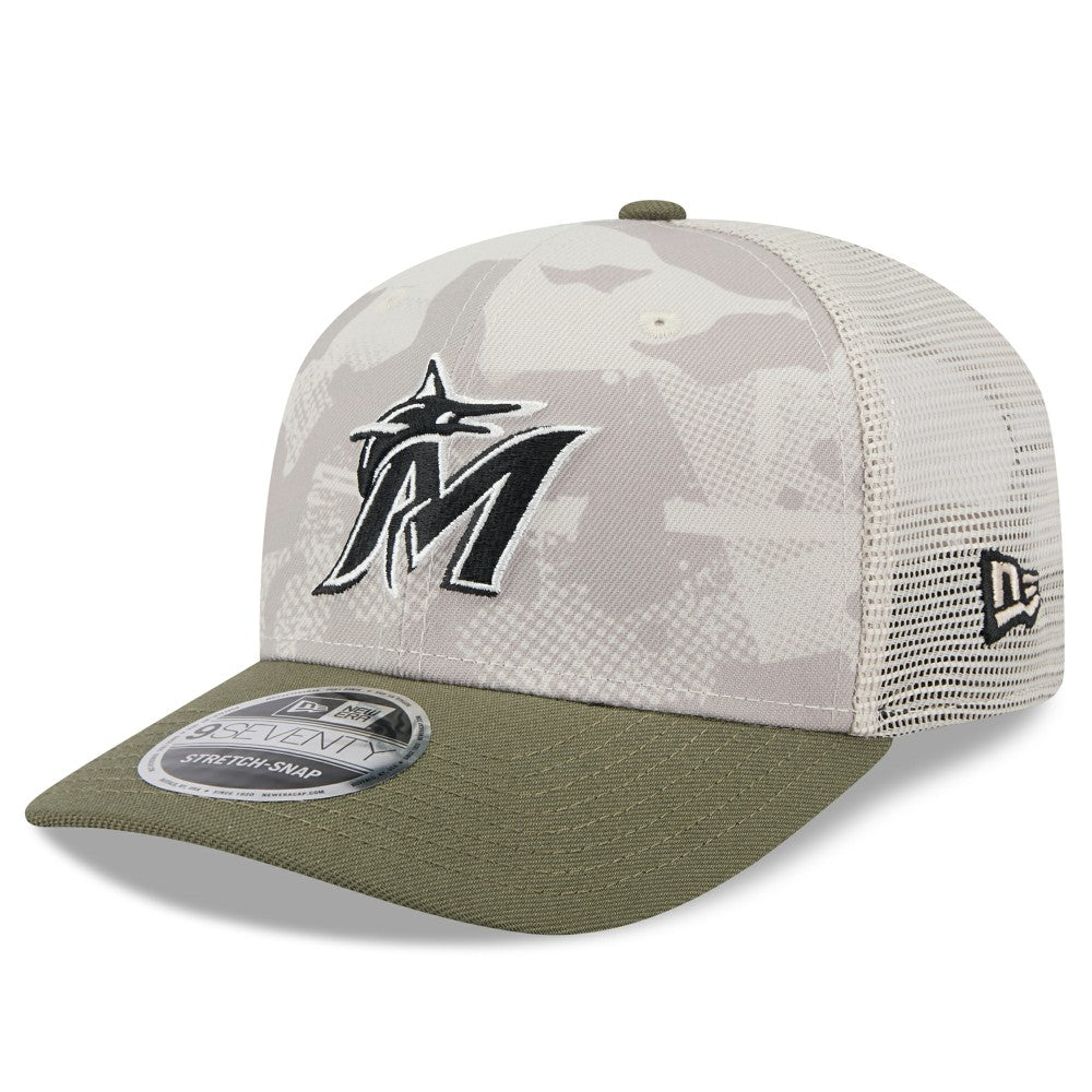 Miami Marlins New Era 2025 Armed Forces Day 9SEVENTY Stretch-Snap Hat - Light Beige/Olive Hats