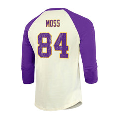 Randy Moss Minnesota Vikings Majestic Threads Retired Player Name & Number 3/4 Raglan Sleeve T-Shirt  Cream/Purple