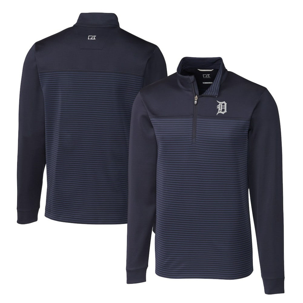 Detroit Tigers Cutter & Buck Big & Tall Traverse Stripe Stretch DryTec Quarter-Zip Top - Navy Tops