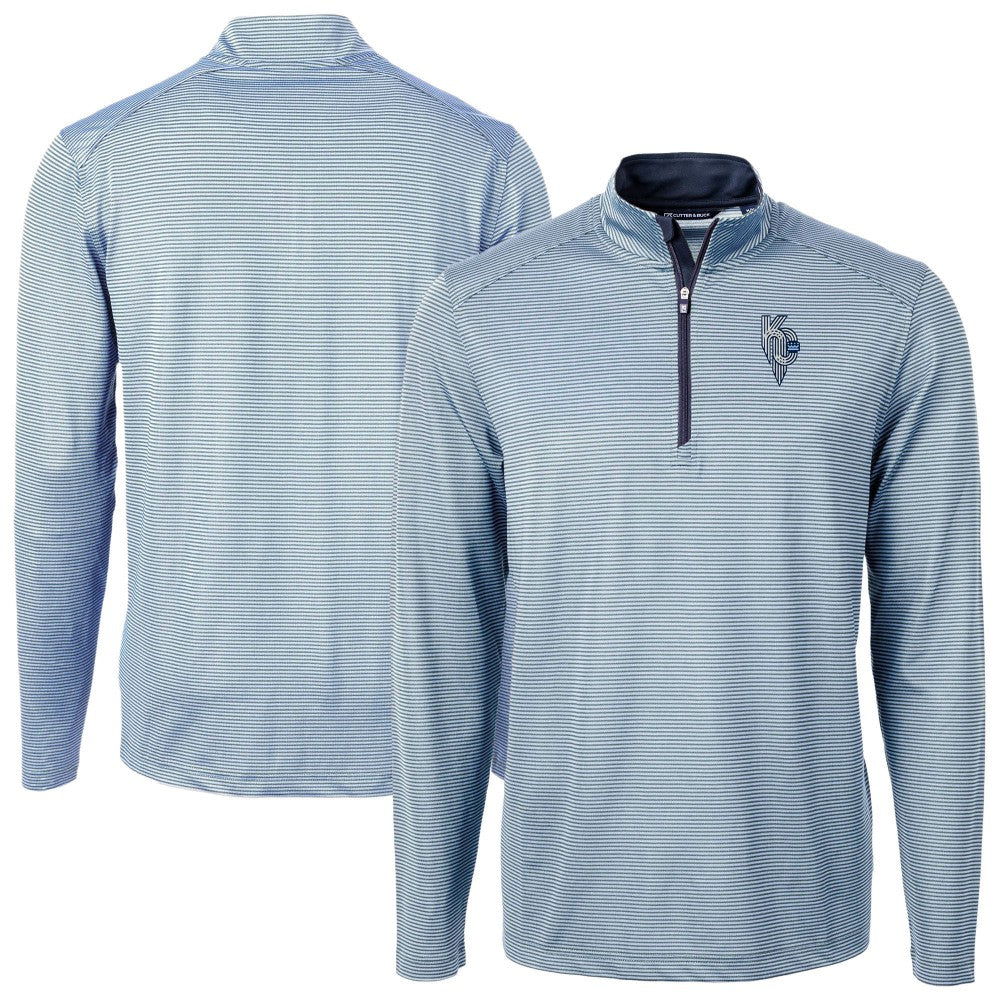 Kansas City Royals Cutter & Buck Virtue Eco Pique Micro Stripe Recycled Quarter-Zip Pullover Top - Light Blue Pullover