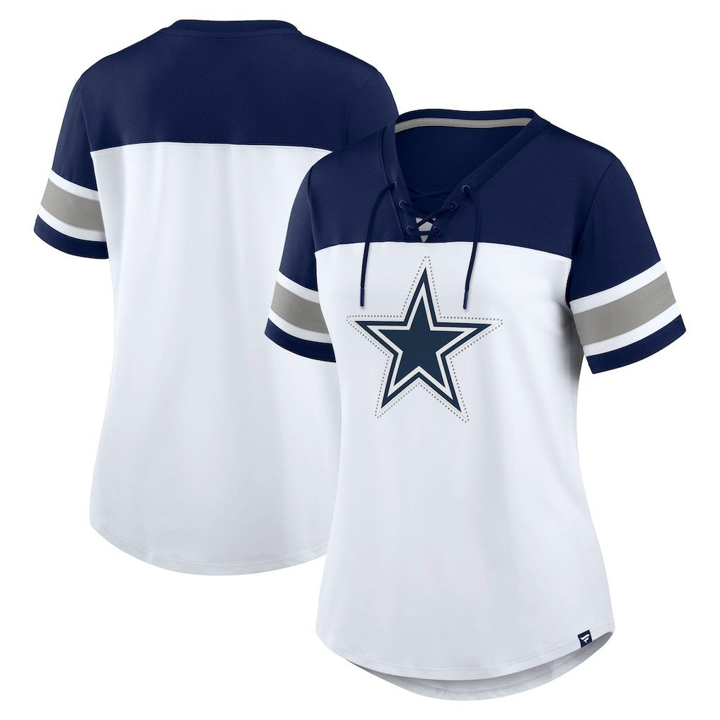 Dallas Cowboys Women's Athena Rhinestone Lace-Up V-Neck T-Shirt White/Navy