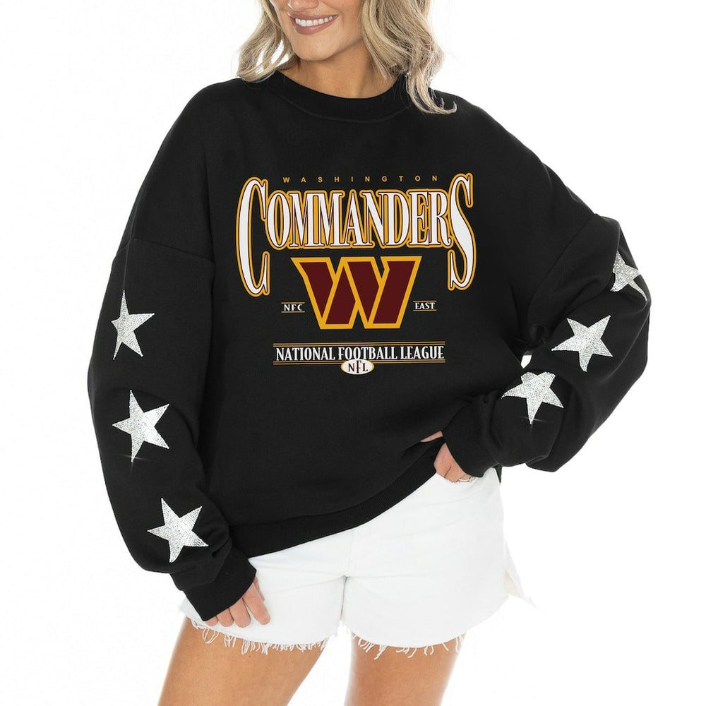 Washington Commanders Gameday Couture Women's Rhinestone Star Sleeve Settle the Score Oversized Tri-Blend Pullover Black