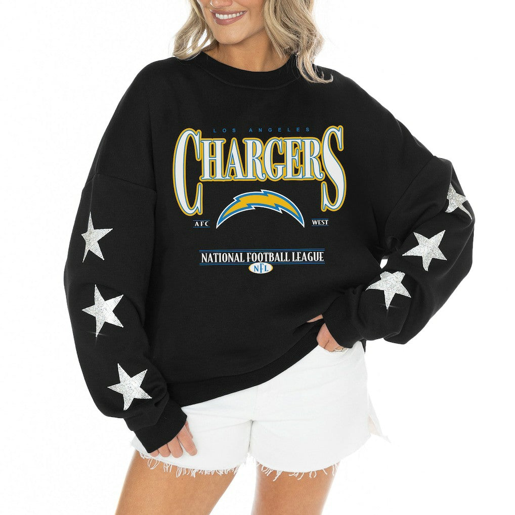 Los Angeles Chargers Gameday Couture Women's Rhinestone Star Sleeve Settle the Score Oversized Tri-Blend Pullover Black
