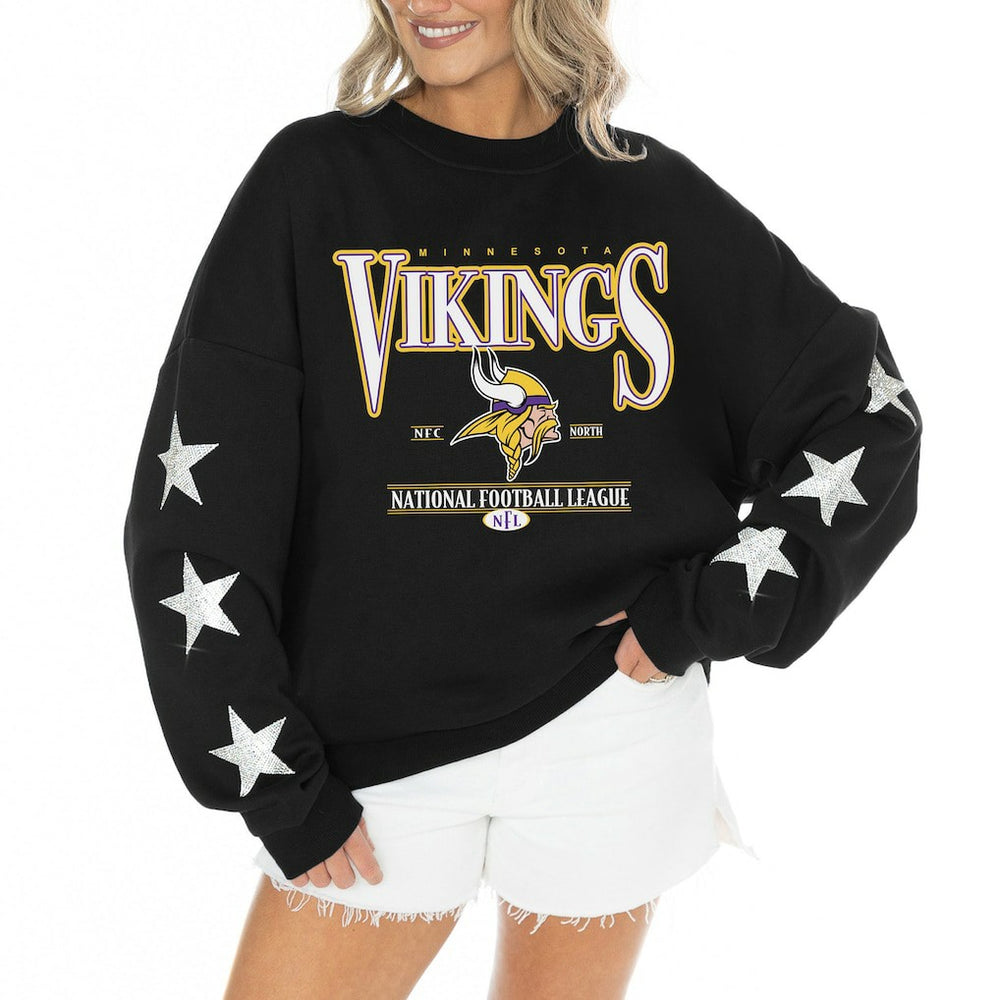 Minnesota Vikings Gameday Couture Women's Rhinestone Star Sleeve Settle the Score Oversized Tri-Blend Pullover Black