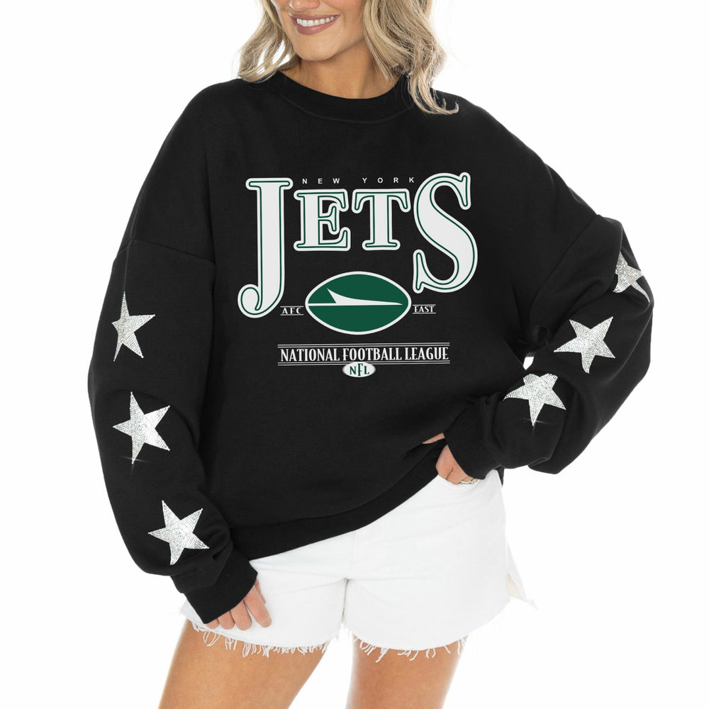 New York Jets Gameday Couture Women's Rhinestone Star Sleeve Settle the Score Oversized Tri-Blend Pullover Black