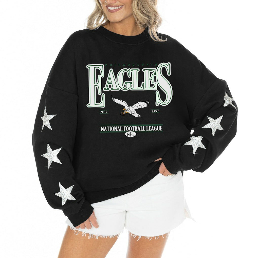 Philadelphia Eagles Gameday Couture Women's Rhinestone Star Sleeve Settle the Score Oversized Tri-Blend Pullover Black