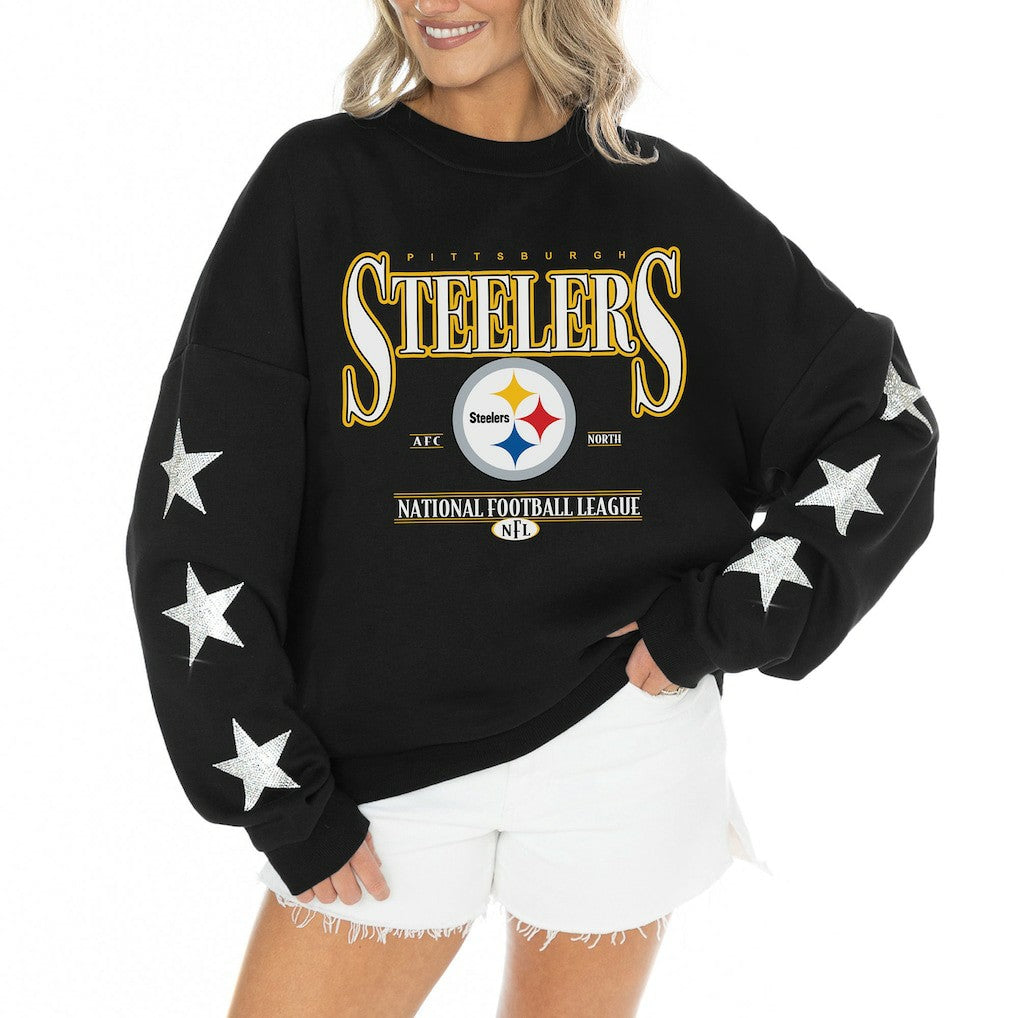 Pittsburgh Steelers Gameday Couture Women's Rhinestone Star Sleeve Settle the Score Oversized Tri-Blend Pullover Black