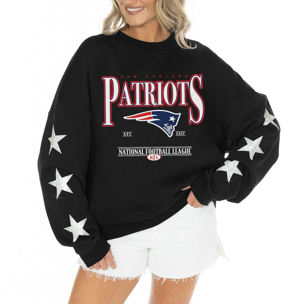 New England Patriots Gameday Couture Women's Rhinestone Star Sleeve Settle the Score Oversized Tri-Blend Pullover Black