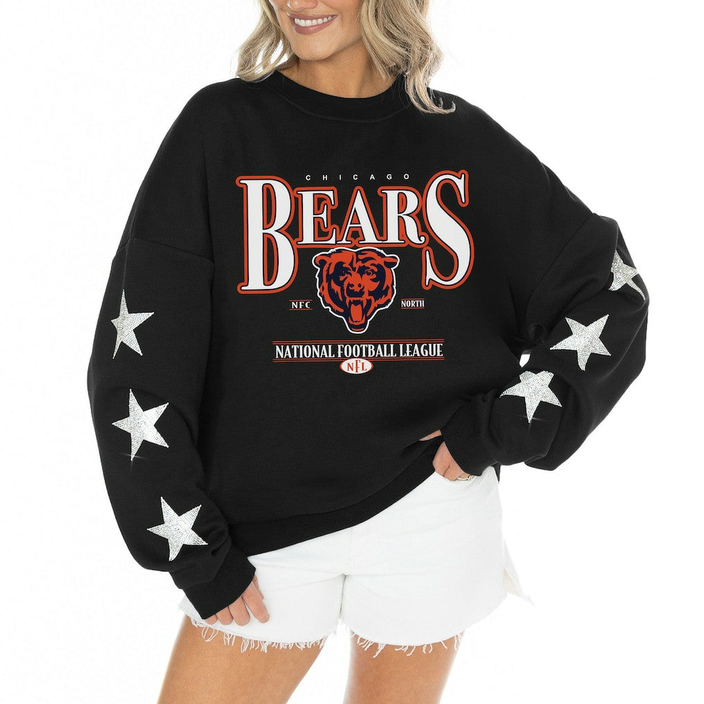 Chicago Bears Gameday Couture Women's Rhinestone Star Sleeve Settle the Score Oversized Tri-Blend Pullover Black