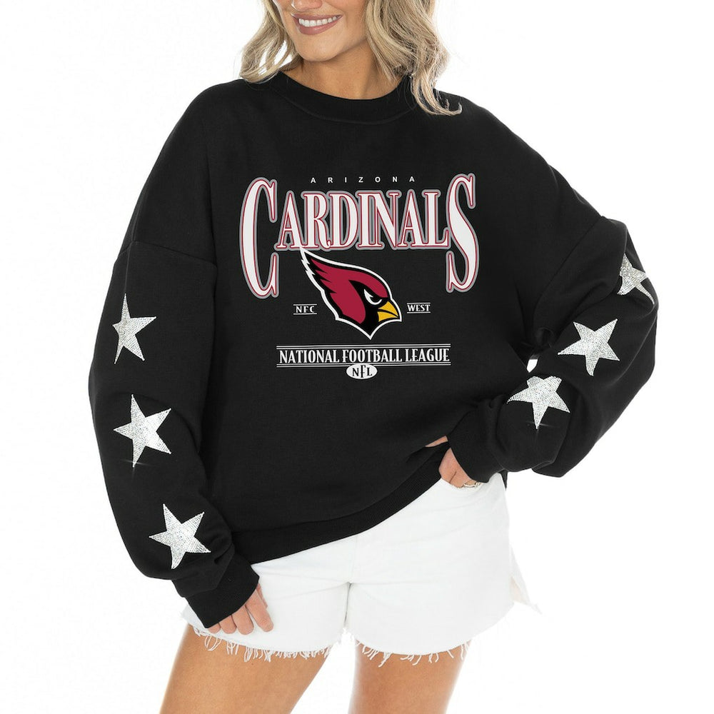 Arizona Cardinals Gameday Couture Women's Rhinestone Star Sleeve Settle the Score Oversized Tri-Blend Pullover Black