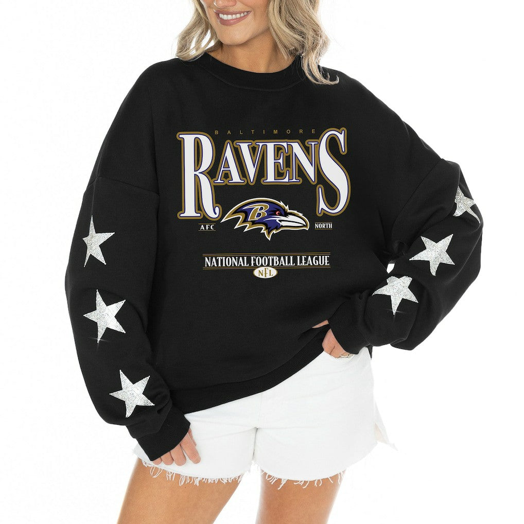 Baltimore Ravens Gameday Couture Women's Rhinestone Star Sleeve Settle the Score Oversized Tri-Blend Pullover Black
