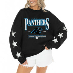 Carolina Panthers Gameday Couture Women's Rhinestone Star Sleeve Settle the Score Oversized Tri-Blend Pullover Black