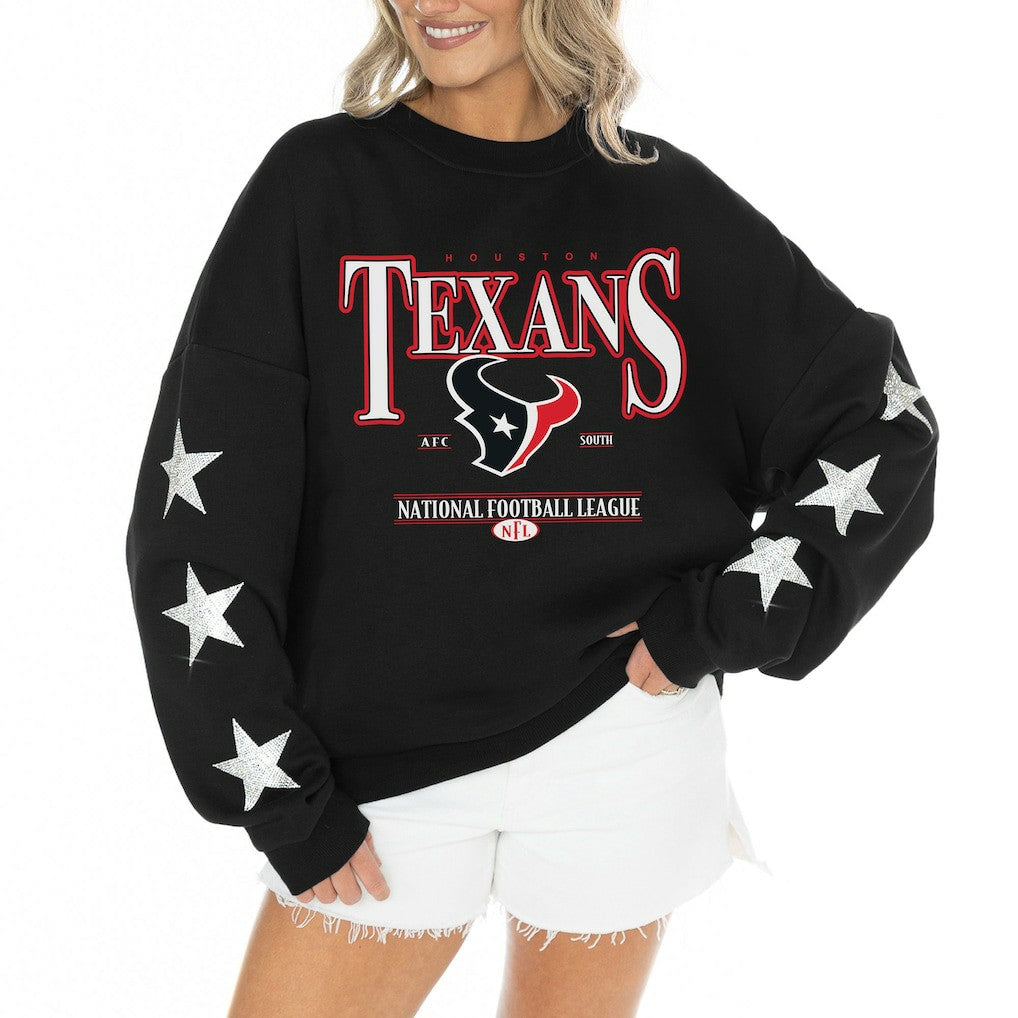 Houston Texans Gameday Couture Women's Rhinestone Star Sleeve Settle the Score Oversized Tri-Blend Pullover Black