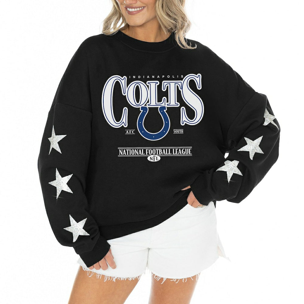 Indianapolis Colts Gameday Couture Women's Rhinestone Star Sleeve Settle the Score Oversized Tri-Blend Pullover Black