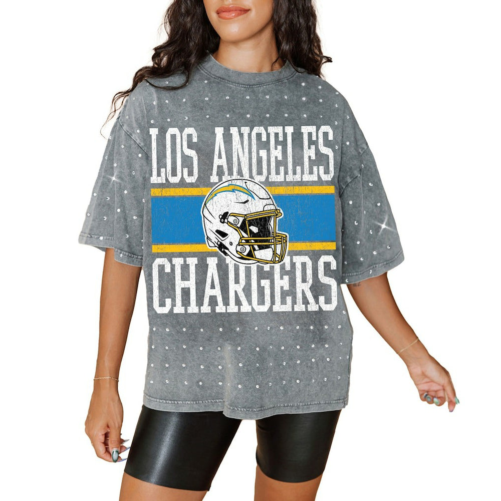Los Angeles Chargers Gameday Couture Women's Oversized Mini Rhinestone Classic T-Shirt Gray