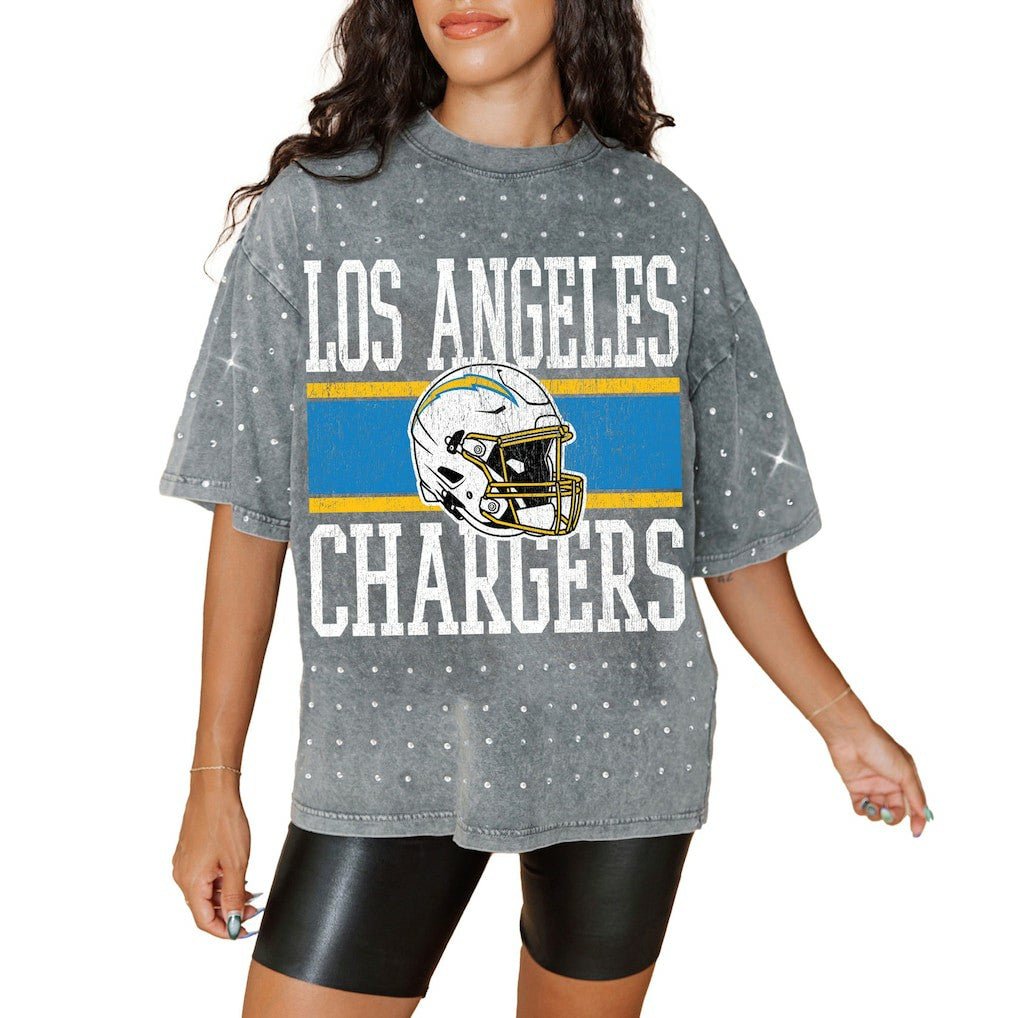 Los Angeles Chargers Gameday Couture Women's Oversized Mini Rhinestone Classic T-Shirt Gray