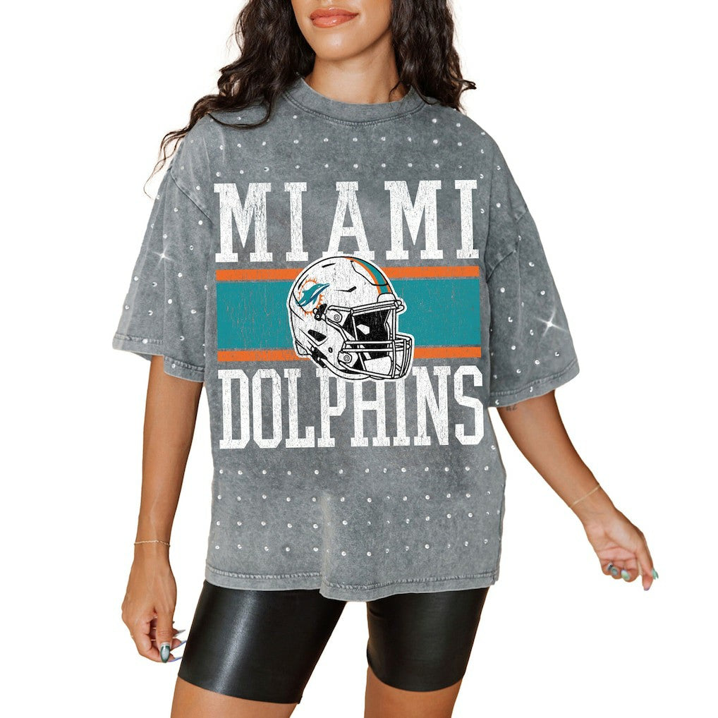 Miami Dolphins Gameday Couture Women's Oversized Mini Rhinestone Classic T-Shirt Gray
