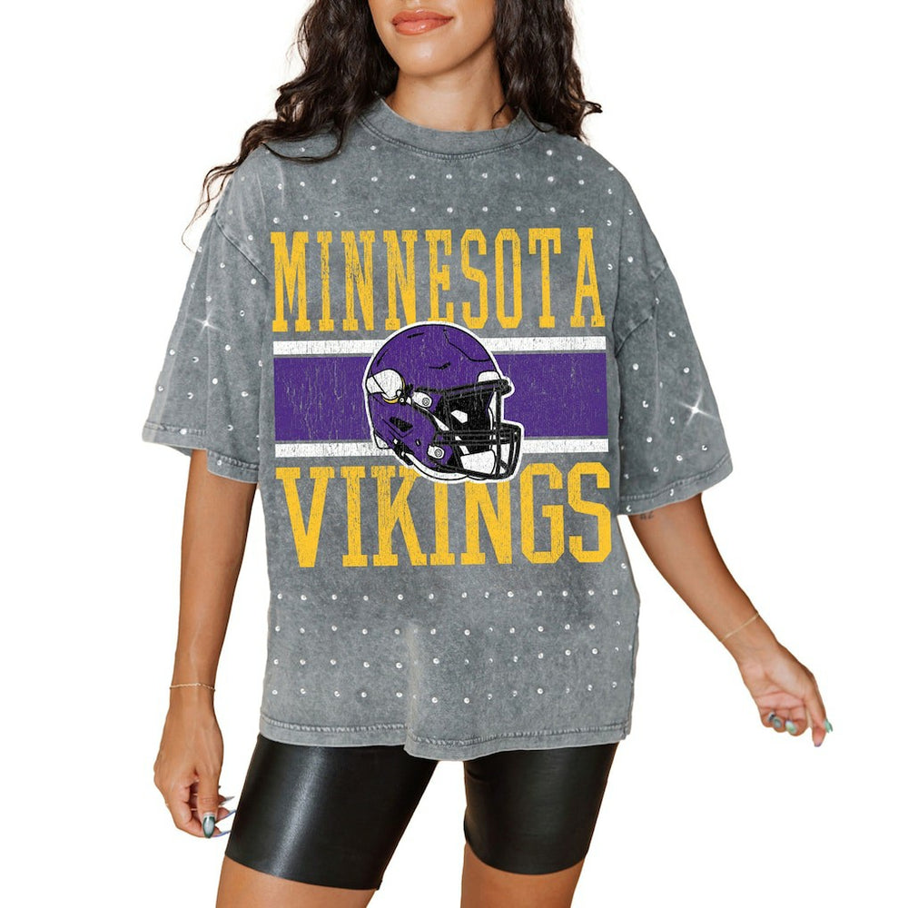 Minnesota Vikings Gameday Couture Women's Oversized Mini Rhinestone Classic T-Shirt Gray
