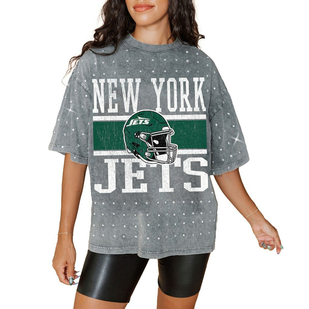 New York Jets Gameday Couture Women's Oversized Mini Rhinestone Classic T-Shirt Gray