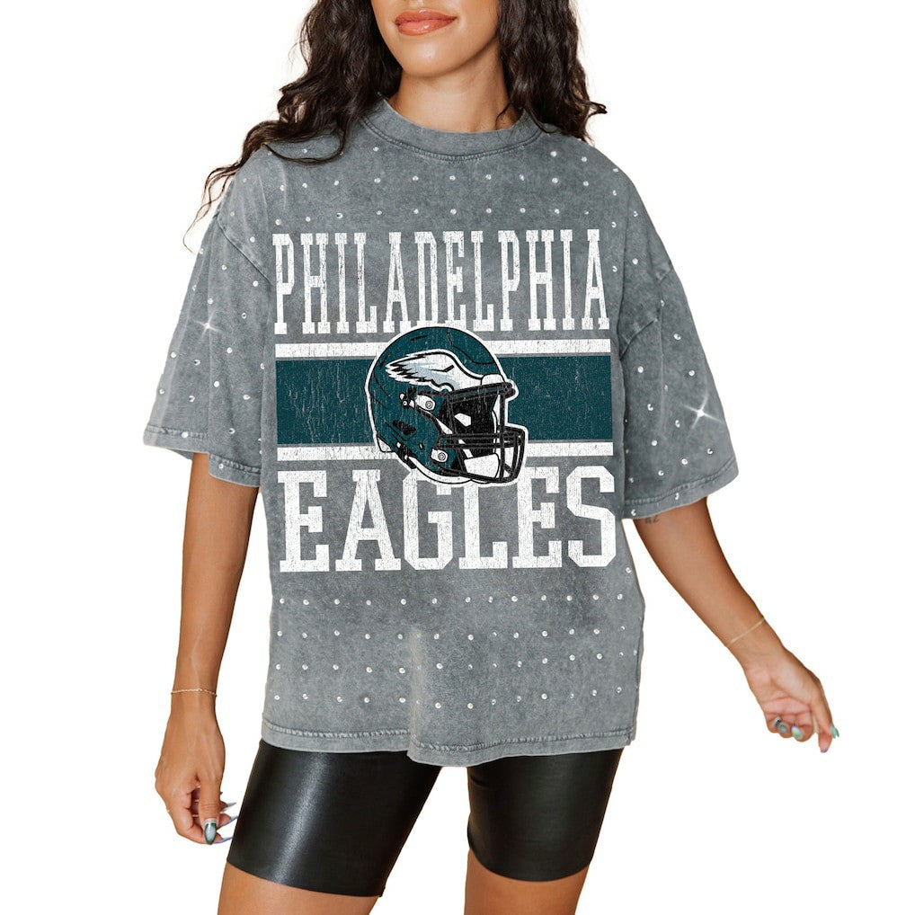 Philadelphia Eagles Gameday Couture Women's Oversized Mini Rhinestone Classic T-Shirt Gray