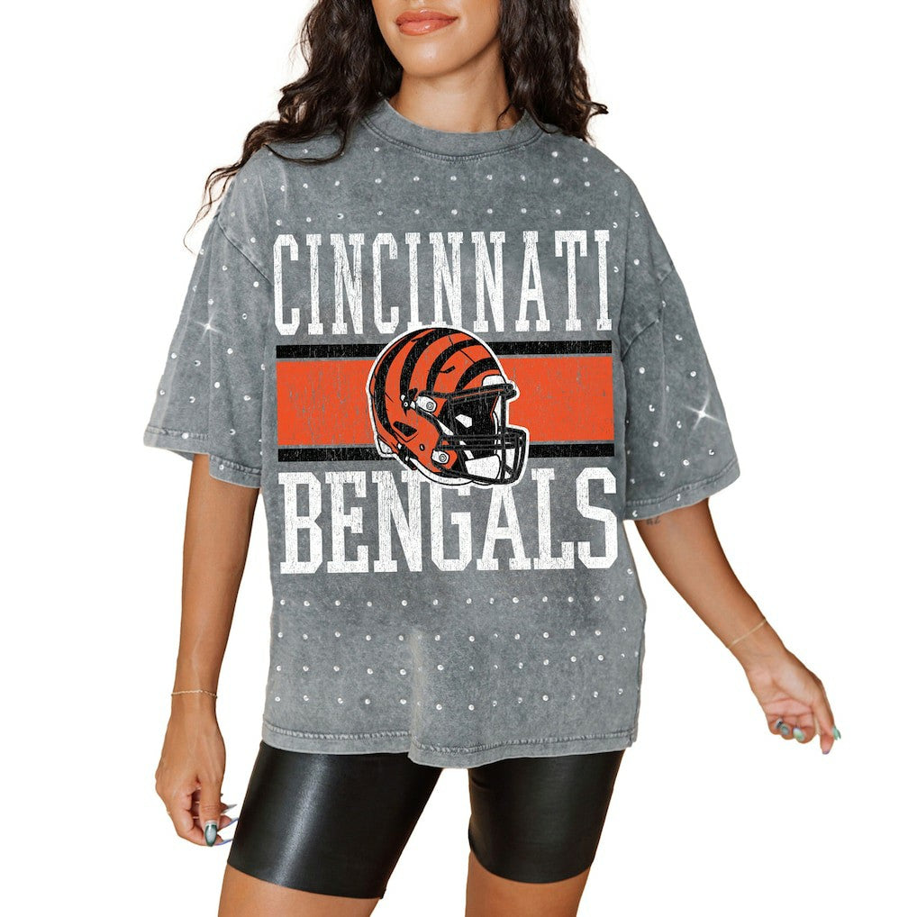 Cincinnati Bengals Gameday Couture Women's Oversized Mini Rhinestone Classic T-Shirt Gray