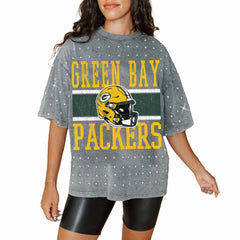 Green Bay Packers Gameday Couture Women's Oversized Mini Rhinestone Classic T-Shirt Gray