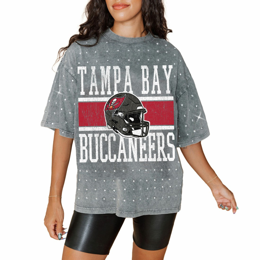 Tampa Bay Buccaneers Gameday Couture Women's Oversized Mini Rhinestone Classic T-Shirt Gray