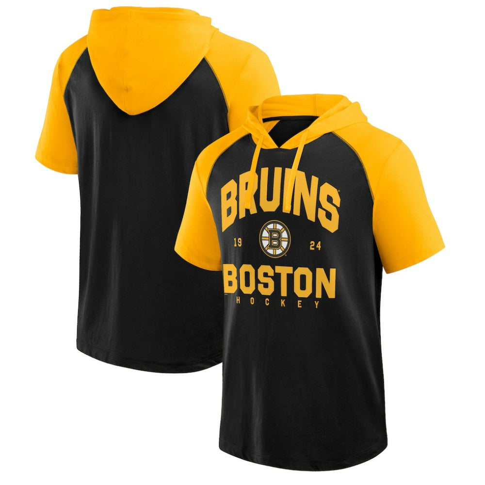 NHL Boston Bruins Logo Athletic Prime Raglan Short Sleeve Pullover Hoodie - Black