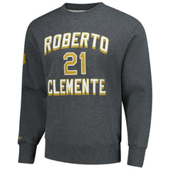 Roberto Clemente Pittsburgh Pirates Mitchell & Ness Legends Collection Vintage Logo Name & Number Fleece Pullover Sweatshirt - Heather Charcoal Pullover