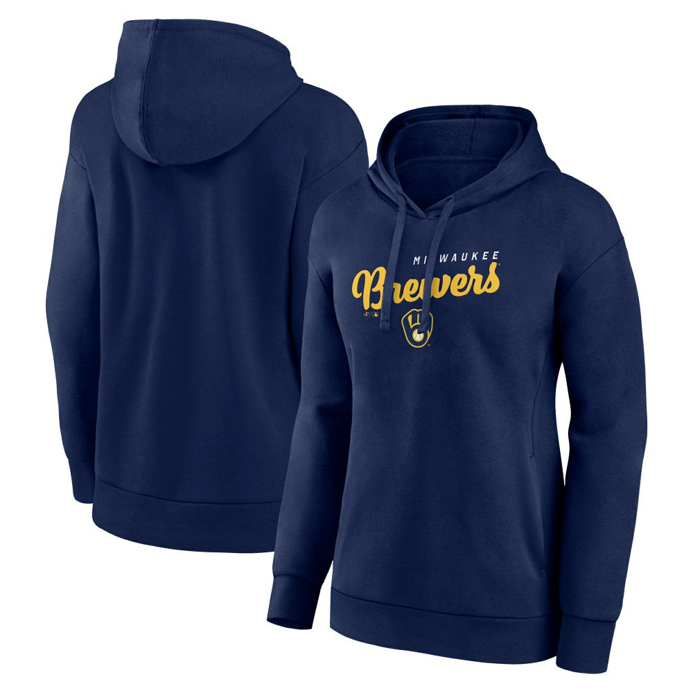 Milwaukee Brewers Logo Athletic Women's Logo Triumphant V-Neck Pullover Hoodie - Navy Hoodies