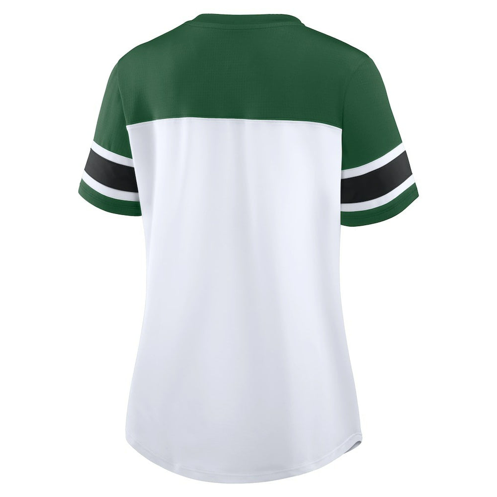 New York Jets Women's Athena Rhinestone Lace-Up V-Neck T-Shirt White/Green