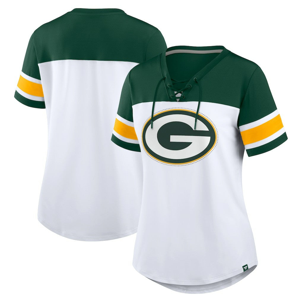 Green Bay Packers Women's Athena Rhinestone Lace-Up V-Neck T-Shirt White/Green