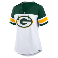 Green Bay Packers Women's Athena Rhinestone Lace-Up V-Neck T-Shirt White/Green