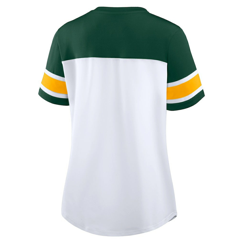 Green Bay Packers Women's Athena Rhinestone Lace-Up V-Neck T-Shirt White/Green