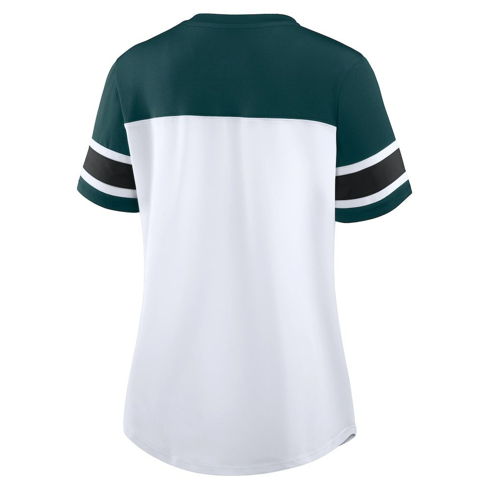 Philadelphia Eagles Women's Athena Rhinestone Lace-Up V-Neck T-Shirt White/Midnight Green