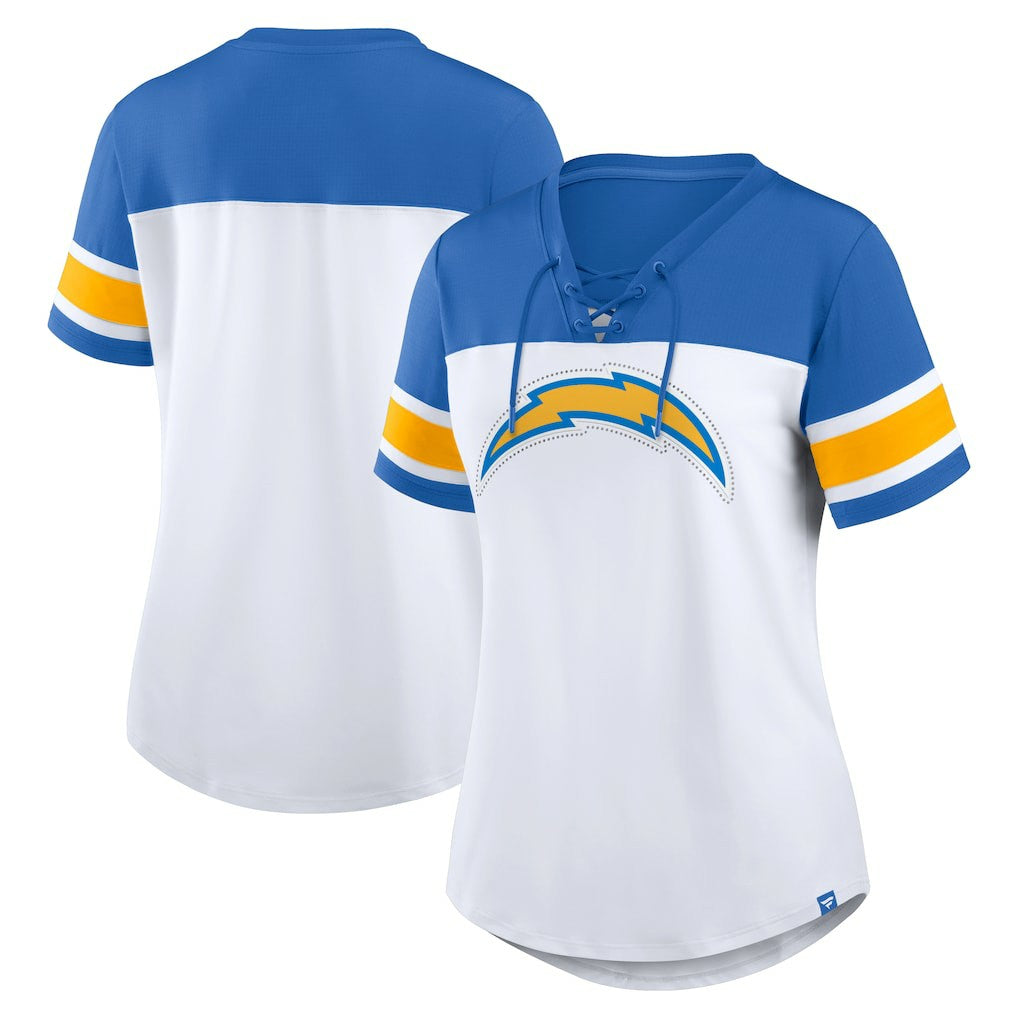 Los Angeles Chargers Women's Athena Rhinestone Lace-Up V-Neck T-Shirt White/Powder Blue