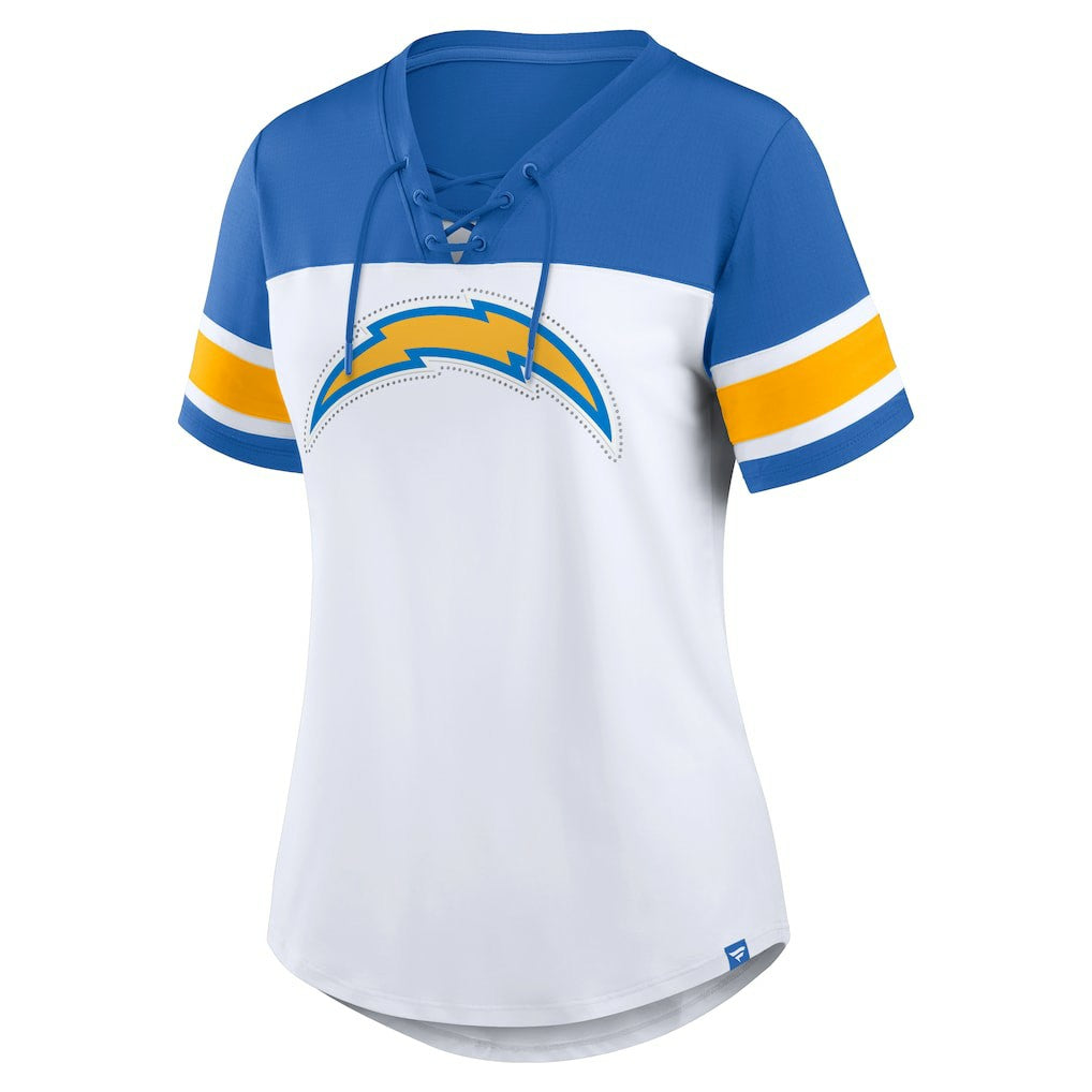Los Angeles Chargers Women's Athena Rhinestone Lace-Up V-Neck T-Shirt White/Powder Blue
