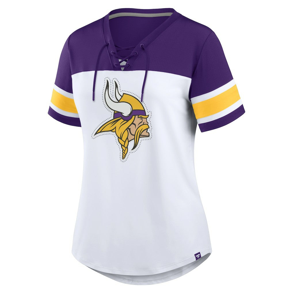 Minnesota Vikings Women's Athena Rhinestone Lace-Up V-Neck T-Shirt White/Purple