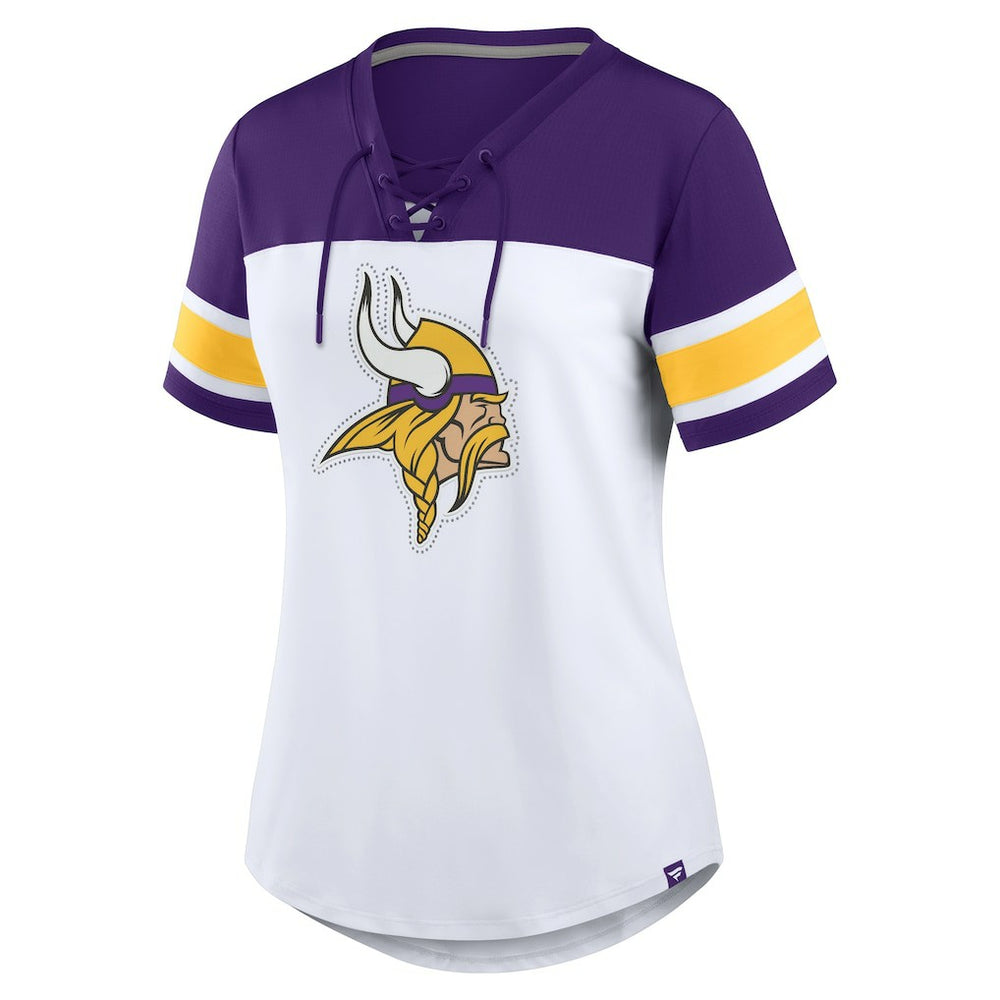 Minnesota Vikings Women's Athena Rhinestone Lace-Up V-Neck T-Shirt White/Purple