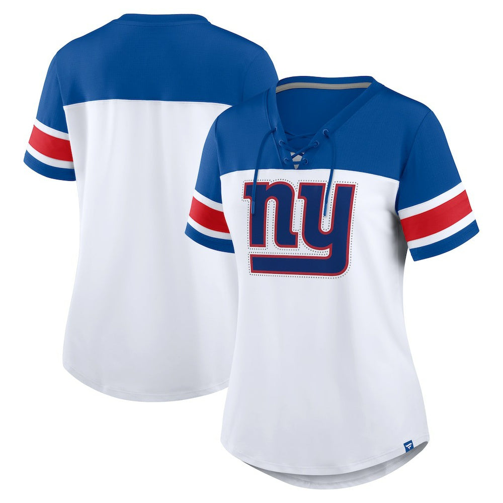 New York Giants Women's Athena Rhinestone Lace-Up V-Neck T-Shirt White/Royal