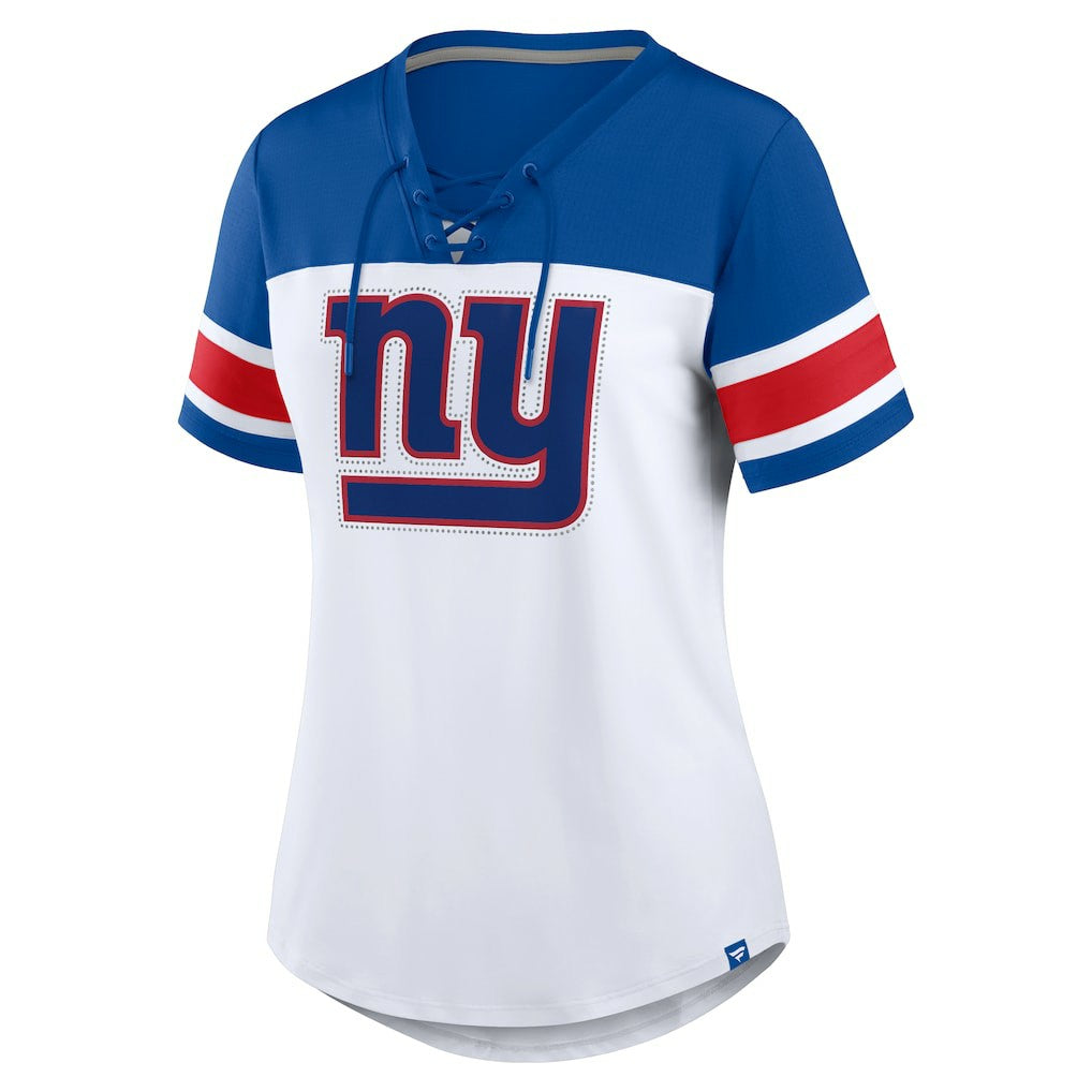 New York Giants Women's Athena Rhinestone Lace-Up V-Neck T-Shirt White/Royal