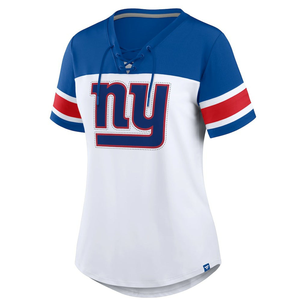 New York Giants Women's Athena Rhinestone Lace-Up V-Neck T-Shirt White/Royal