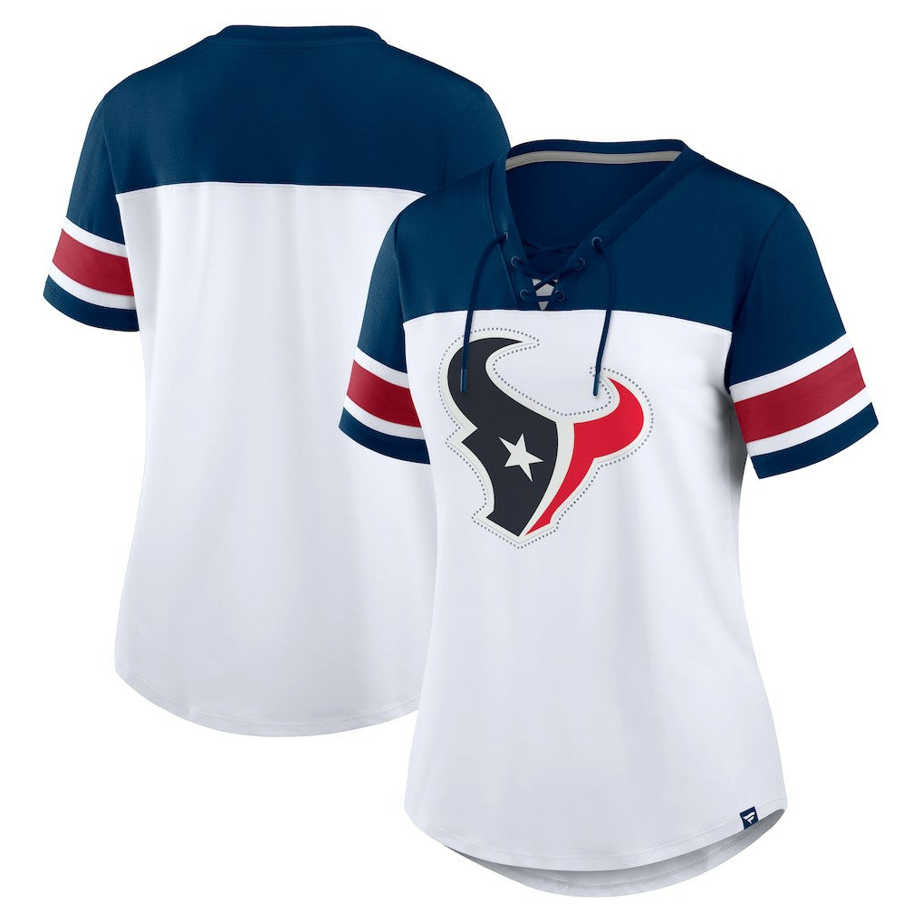 Houston Texans Women's Athena Rhinestone Lace-Up V-Neck T-Shirt White/Navy