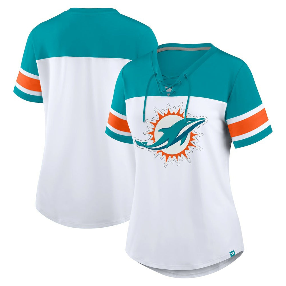 Miami Dolphins Women's Athena Rhinestone Lace-Up V-Neck T-Shirt White/Aqua