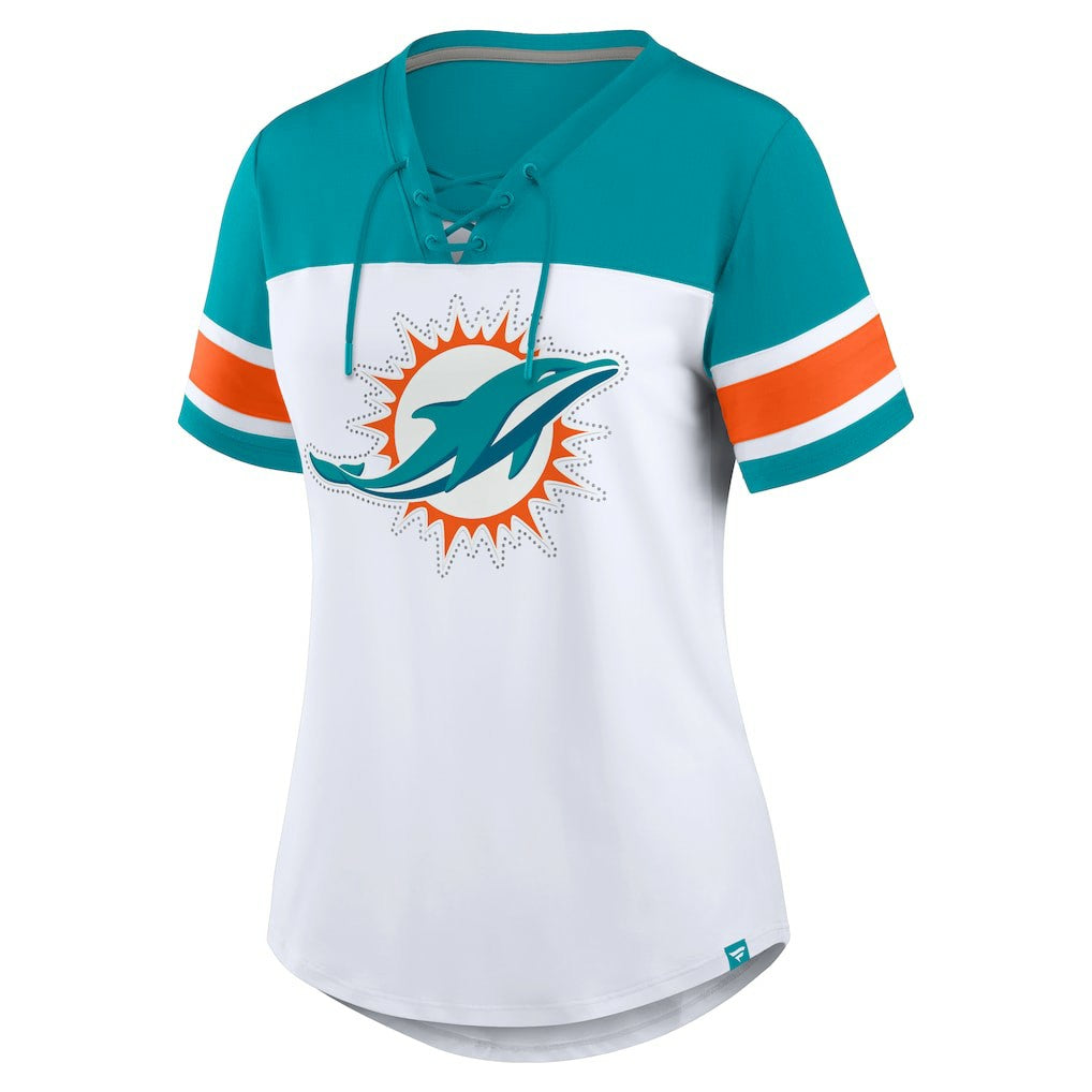 Miami Dolphins Women's Athena Rhinestone Lace-Up V-Neck T-Shirt White/Aqua