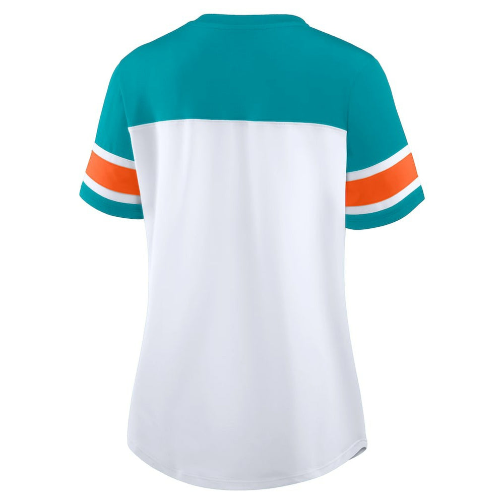 Miami Dolphins Women's Athena Rhinestone Lace-Up V-Neck T-Shirt White/Aqua