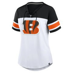 Cincinnati Bengals Women's Athena Rhinestone Lace-Up V-Neck T-Shirt White/Black