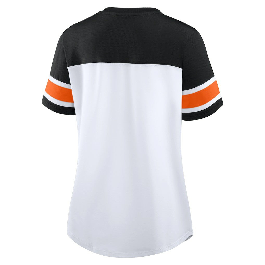 Cincinnati Bengals Women's Athena Rhinestone Lace-Up V-Neck T-Shirt White/Black