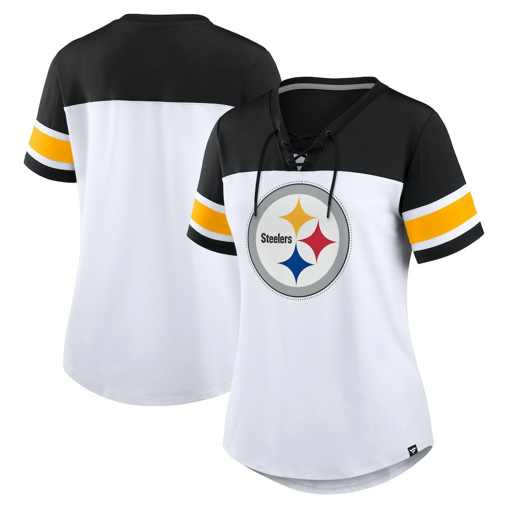 Pittsburgh Steelers Women's Athena Rhinestone Lace-Up V-Neck T-Shirt White/Black